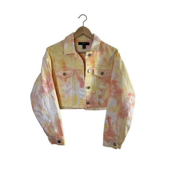 F21 Forever 21 Colorful Cropped Denim Tie Dye Jacket - Picture 1 of 15